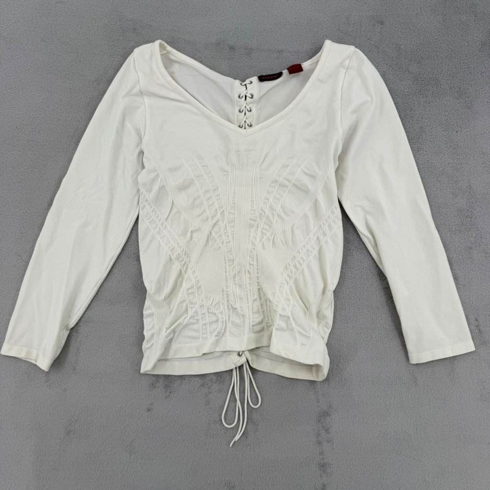Vintage Barami Cropped Blouse White Women's Size 2 Lace Up Long Sleeve